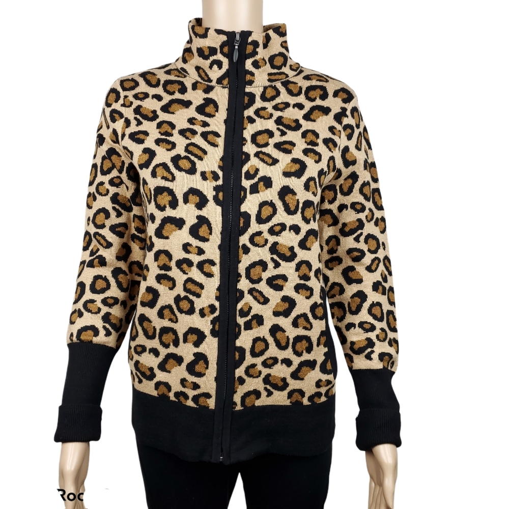 RACHEL ZOE Women's Mock Neck Leopard Zip Cardigan